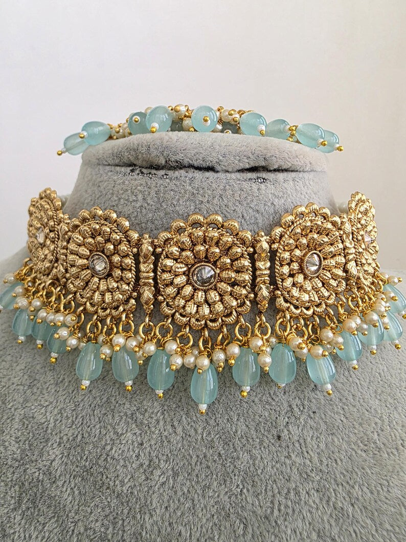 Aqua Blue Gold Pearl Kundan Choker set/Statement Necklace Set/Indian Jewelry/Pakistani Jewelry set/Wedding necklace/Bridal necklace/Indian