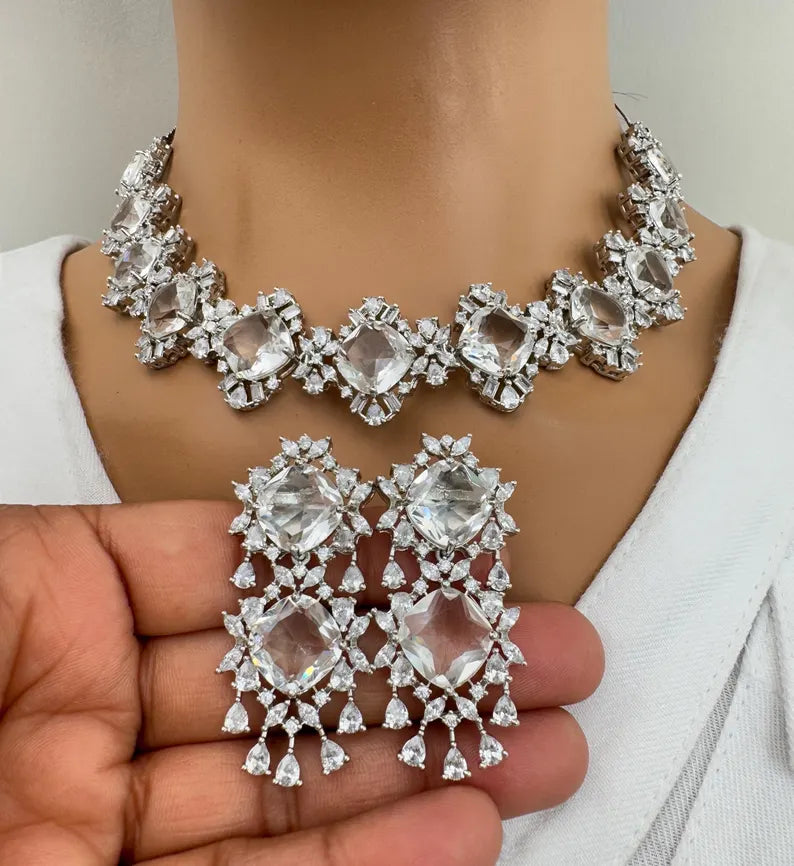 White silver American Diamond necklace/Delicate CZ Stones Necklace/Elegant/Unique Jewelry/Indian/Pakistani/Bollywood/Indian Wedding/Bridal