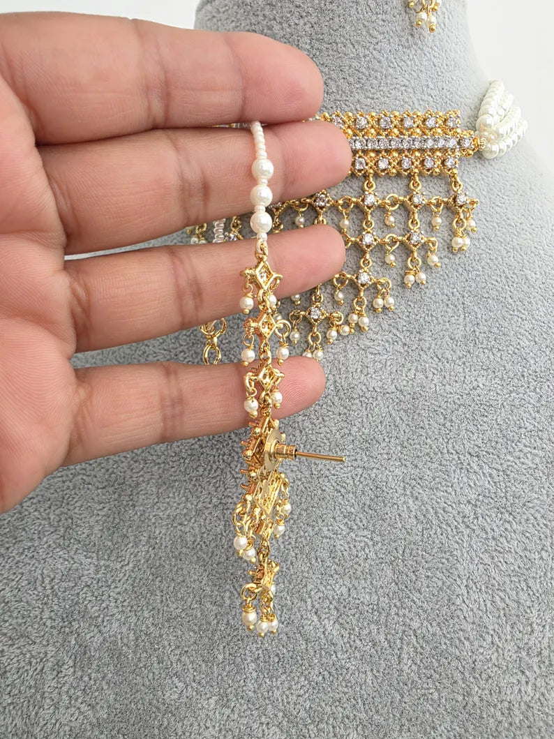 White Gold CZ Diamond Pearl Choker Necklace, indian wedding necklace, bridal jewelry, Punjabi Pakistani South Indian necklace