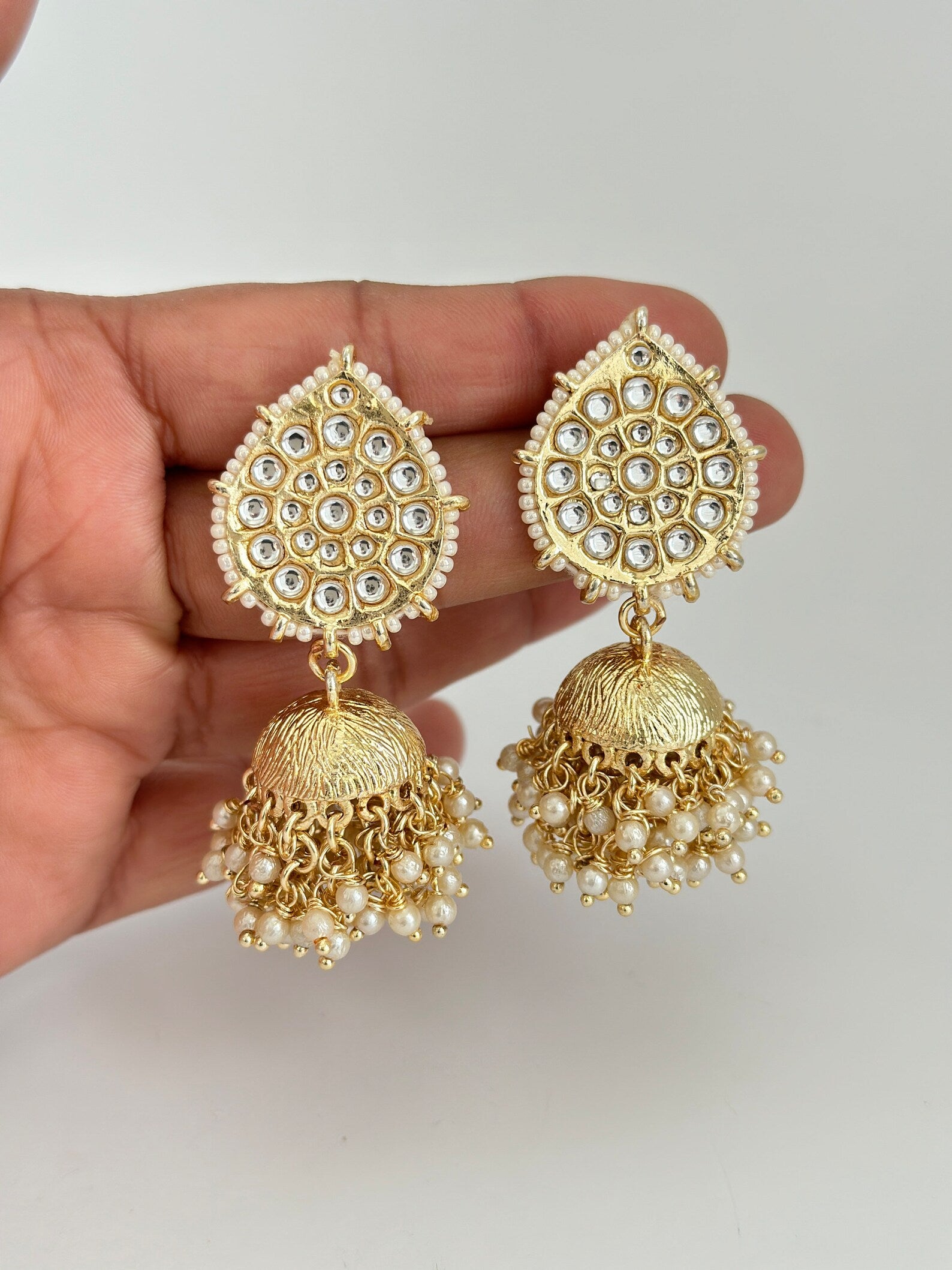 White Gold Pearl Jhumka/Punjabi Jewelry/Bollywood Jewelry/Gold Kundan Jhumkas/TrendyJhumka Earring/Indian Jewelry/Pakistani Jewelry
