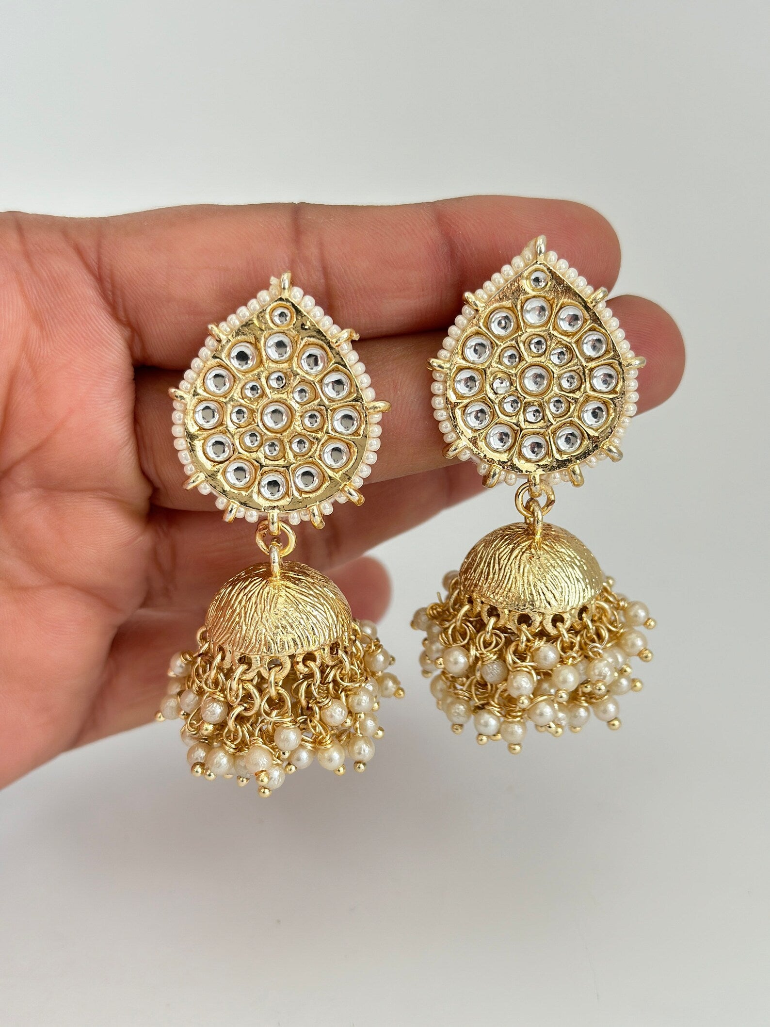 White Gold Pearl Jhumka/Punjabi Jewelry/Bollywood Jewelry/Gold Kundan Jhumkas/TrendyJhumka Earring/Indian Jewelry/Pakistani Jewelry