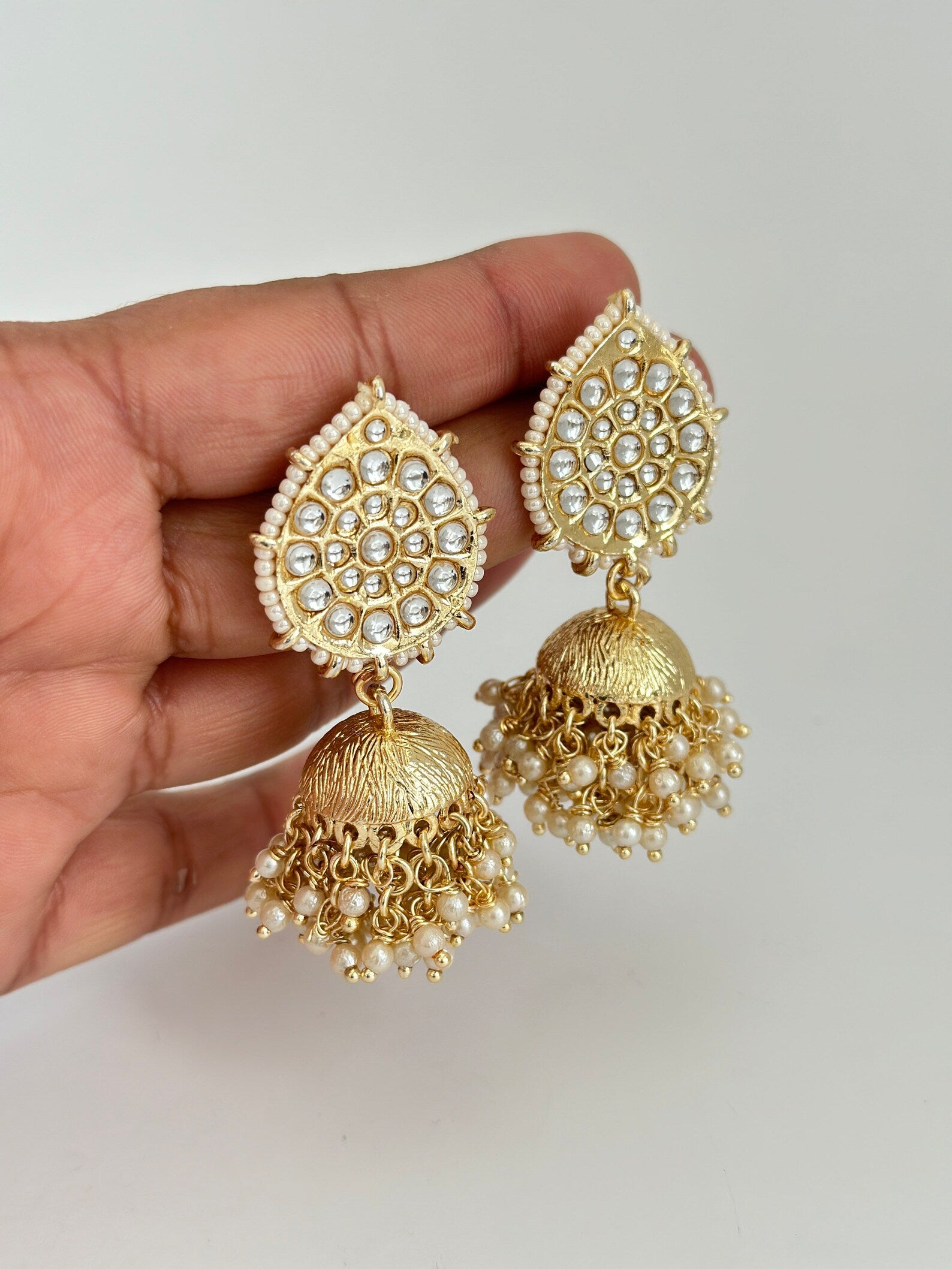 White Gold Pearl Jhumka/Punjabi Jewelry/Bollywood Jewelry/Gold Kundan Jhumkas/TrendyJhumka Earring/Indian Jewelry/Pakistani Jewelry