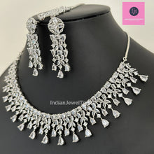 Silver CZ Diamond necklace with Earrings and Tikka /CZ Stones Necklace Set/Elegant/Unique Jewelry/Indian/Pakistani/Bollywood