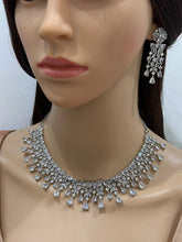 Silver CZ Diamond necklace with Earrings and Tikka /CZ Stones Necklace Set/Elegant/Unique Jewelry/Indian/Pakistani/Bollywood