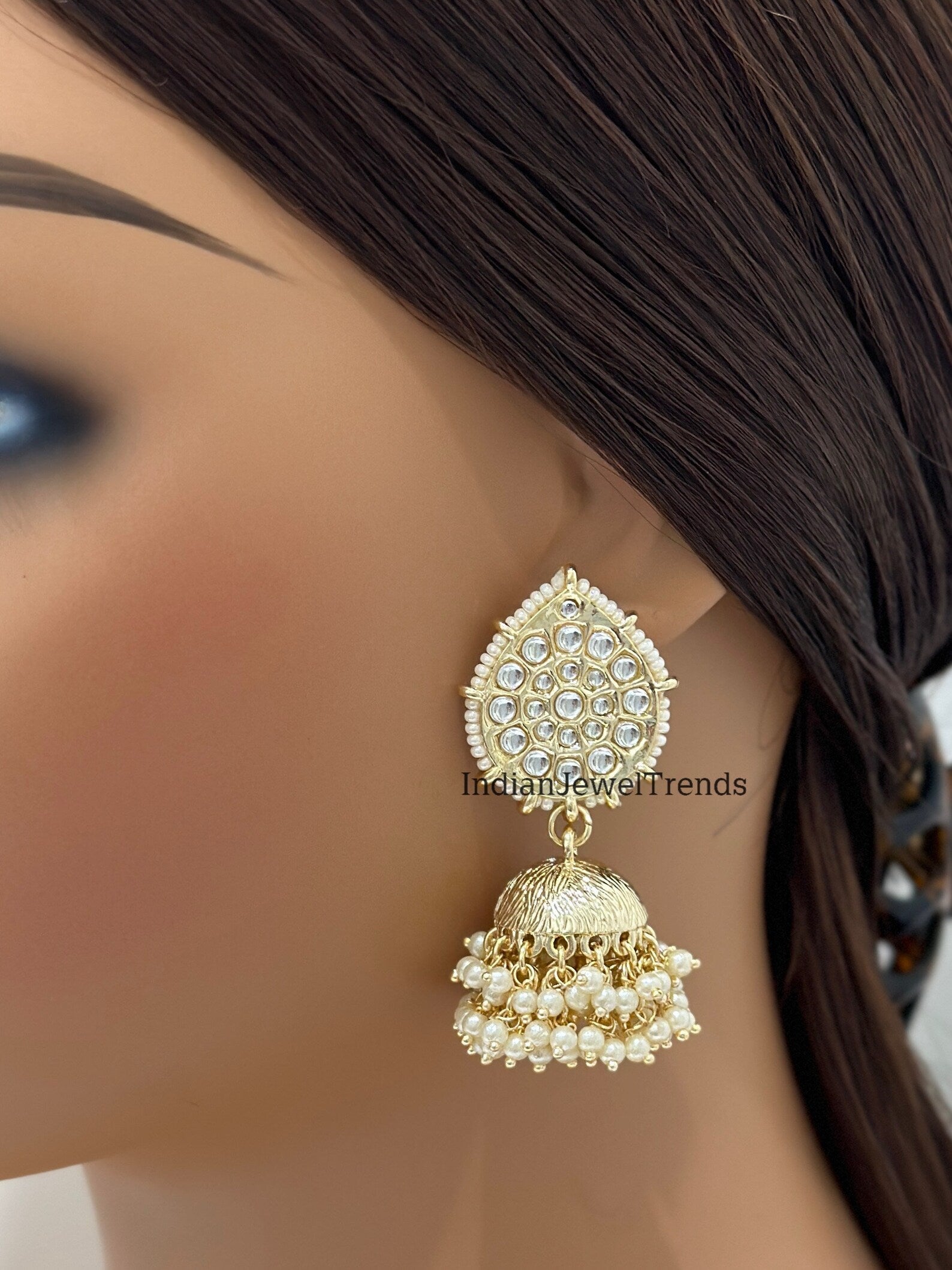 White Gold Pearl Jhumka/Punjabi Jewelry/Bollywood Jewelry/Gold Kundan Jhumkas/TrendyJhumka Earring/Indian Jewelry/Pakistani Jewelry