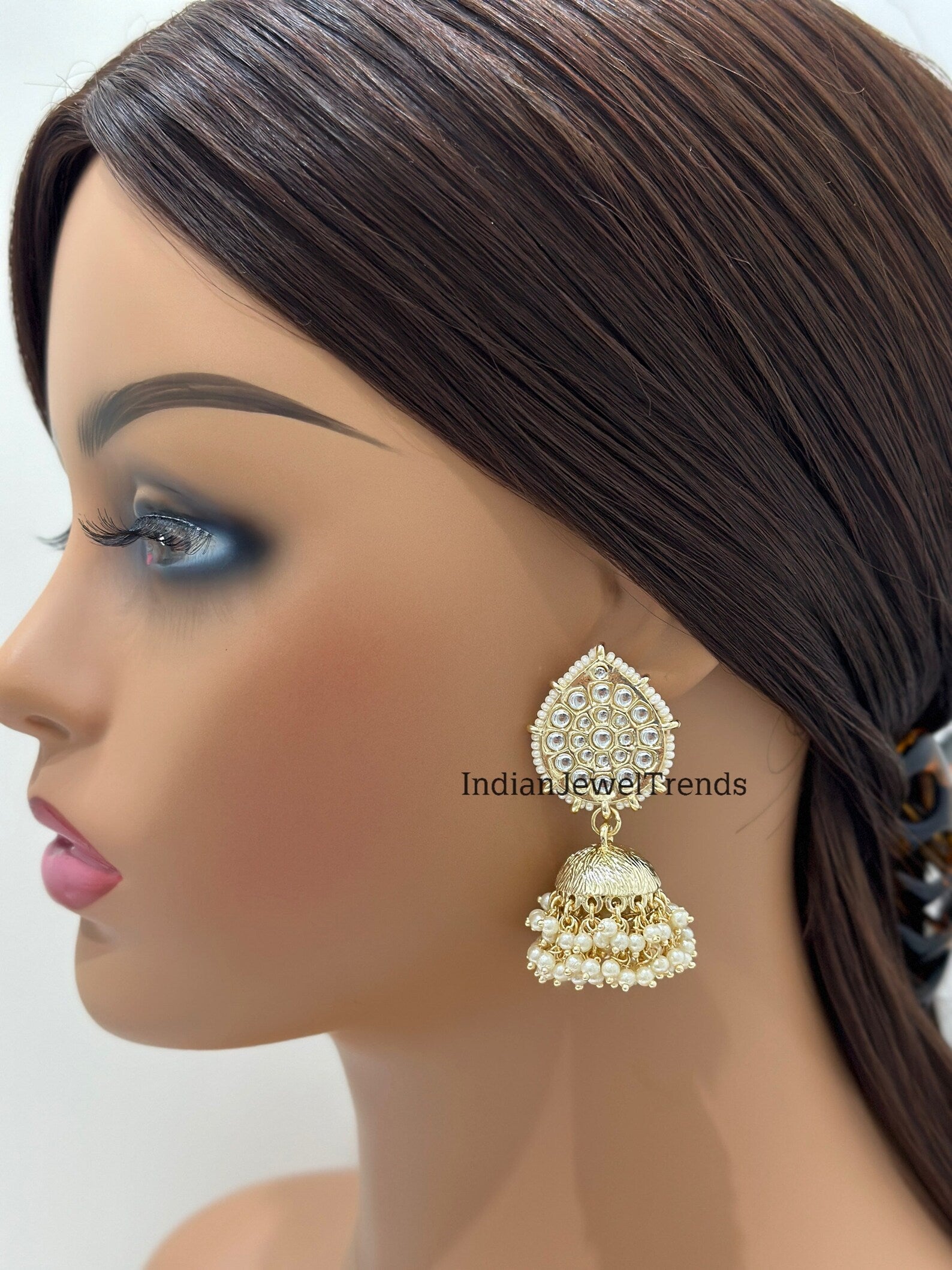 White Gold Pearl Jhumka/Punjabi Jewelry/Bollywood Jewelry/Gold Kundan Jhumkas/TrendyJhumka Earring/Indian Jewelry/Pakistani Jewelry