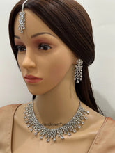 Silver CZ Diamond necklace with Earrings and Tikka /CZ Stones Necklace Set/Elegant/Unique Jewelry/Indian/Pakistani/Bollywood