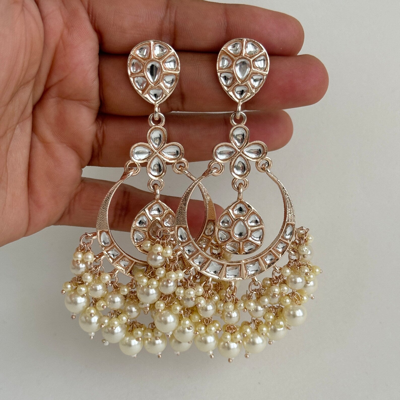 Bollywood Rose Gold Kundan Earrings/Indian Earrings/pearl/Pakistani/Punjabi/Statement Earrings/Long chandelier/bridal/Indian wedding