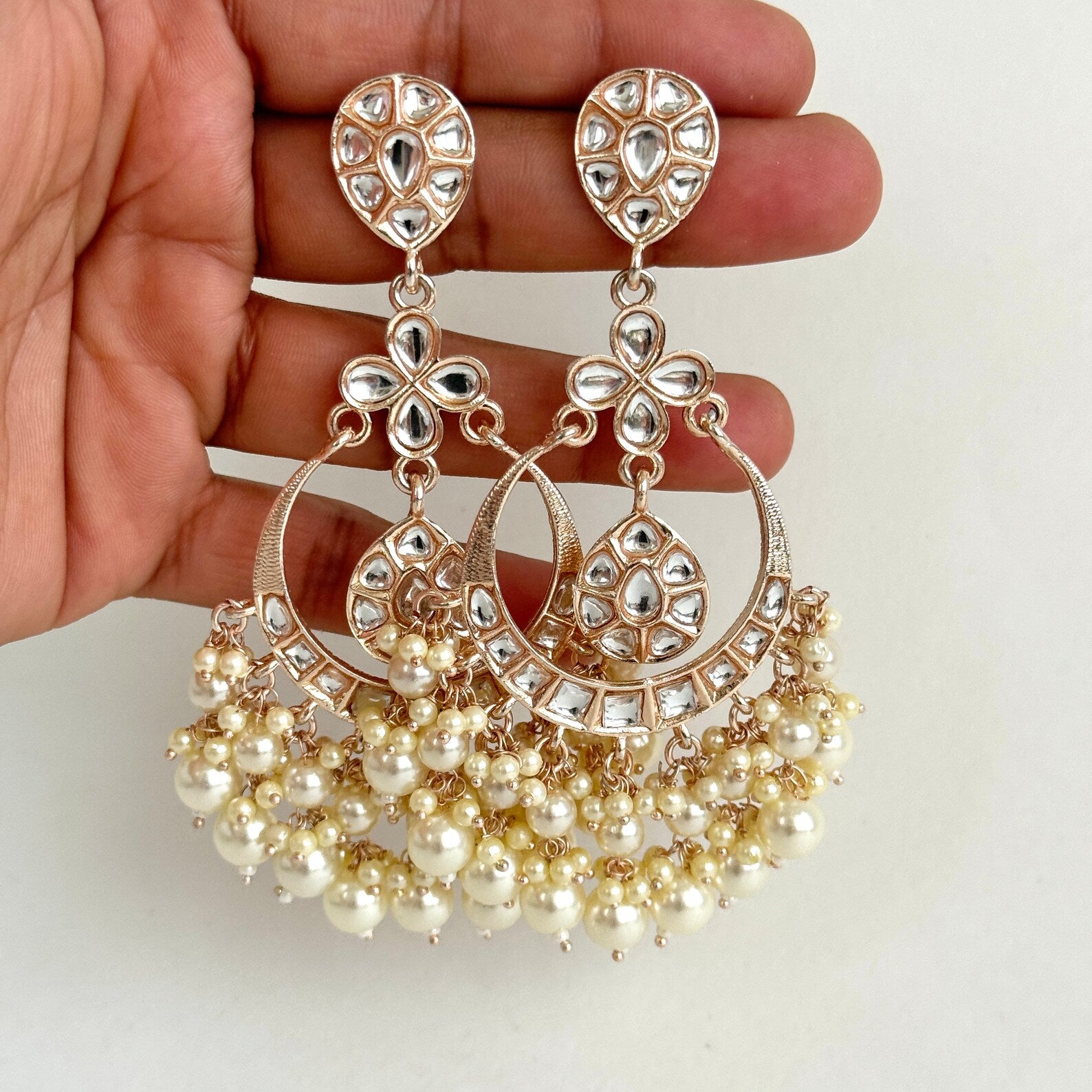 Bollywood Rose Gold Kundan Earrings/Indian Earrings/pearl/Pakistani/Punjabi/Statement Earrings/Long chandelier/bridal/Indian wedding
