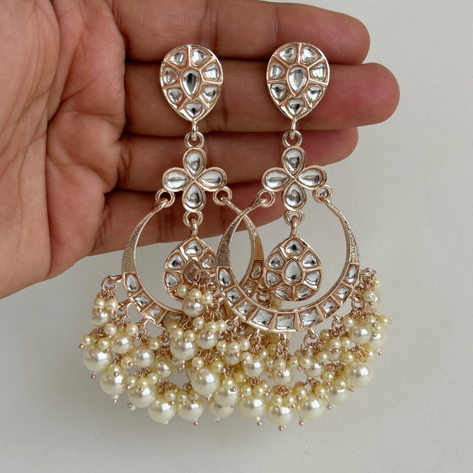 Bollywood Rose Gold Kundan Earrings/Indian Earrings/pearl/Pakistani/Punjabi/Statement Earrings/Long chandelier/bridal/Indian wedding