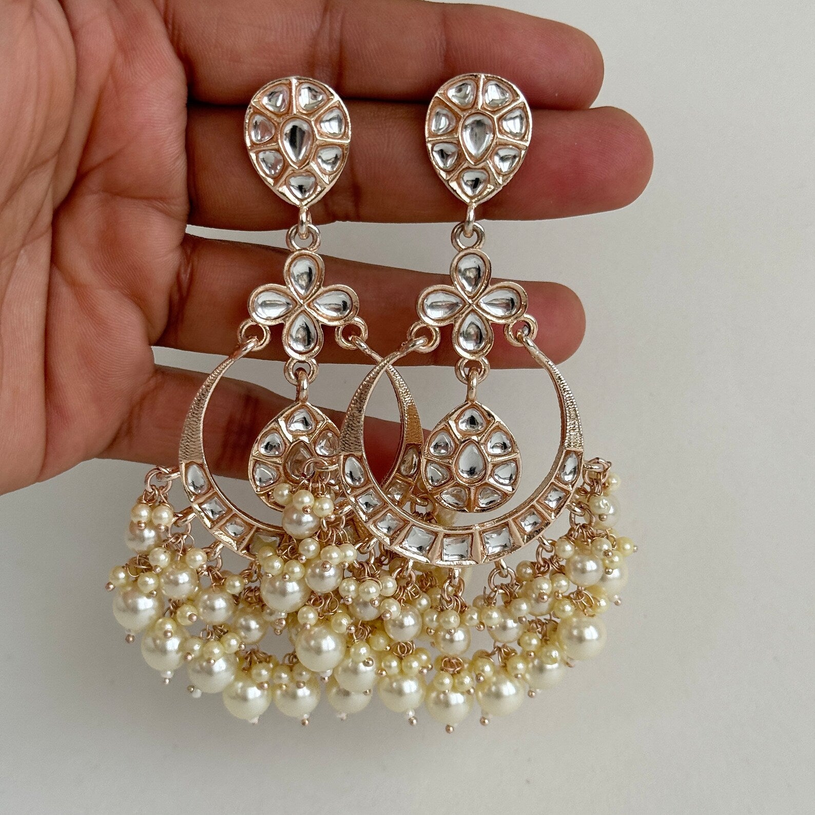 Bollywood Rose Gold Kundan Earrings/Indian Earrings/pearl/Pakistani/Punjabi/Statement Earrings/Long chandelier/bridal/Indian wedding