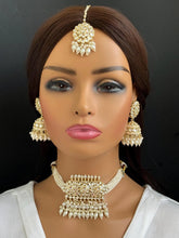Pearl Kundan Necklace set/Indian Jewelry/Gold pakistani maangtikka necklace/indian wedding /Bridal Teeka Headpiece Bollywood Bridesmaid Gift
