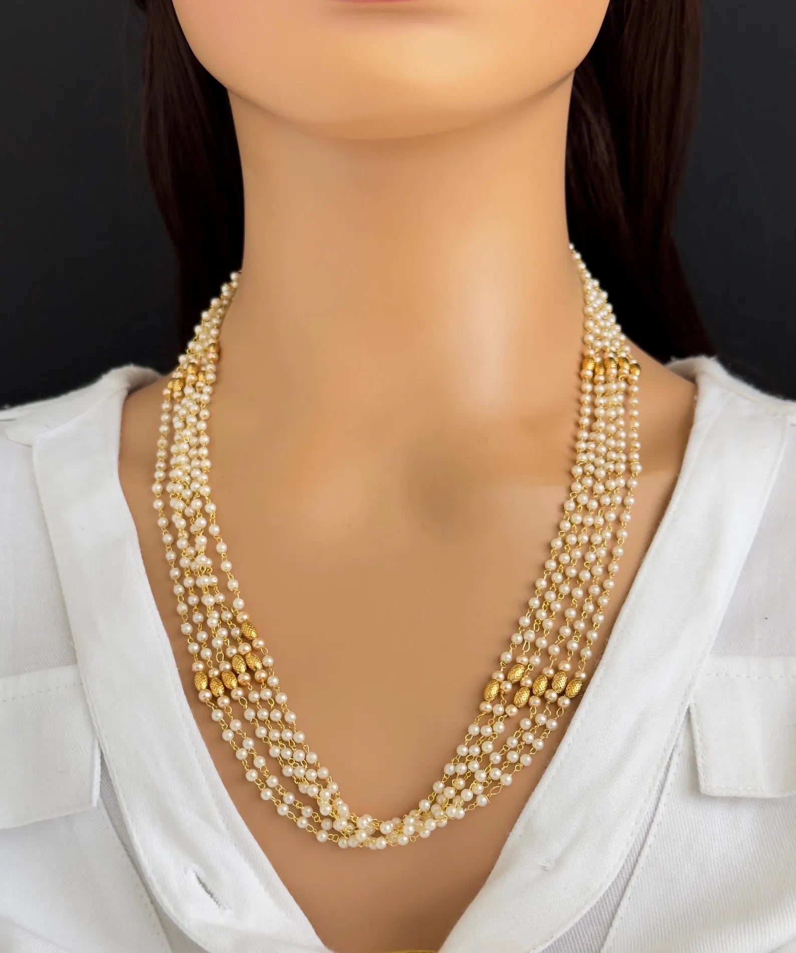 Antique Pearl Mala Necklace With Gold Plating\ Antique Gold Long Necklace/Indian Necklace/South Indian Necklace/Long Necklace/Indian Jewelry