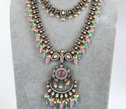 MintPink Premium Quality Victorian Moissanite Polki Kundan Necklace/Statement Long /Semi Precious/Rani Haar/Indian wedding/Bridal Collection
