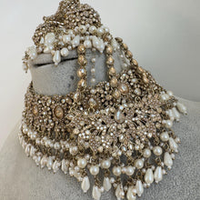 White Champagne Antique Shadow Stone Pearl Choker Necklace with earring and tikka and Passa Bridal necklace Indian Pakistani Punjabi Wedding