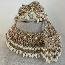 White Champagne Antique Shadow Stone Pearl Choker Necklace with earring and tikka and Passa Bridal necklace Indian Pakistani Punjabi Wedding