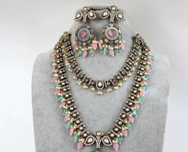 MintPink Premium Quality Victorian Moissanite Polki Kundan Necklace/Statement Long /Semi Precious/Rani Haar/Indian wedding/Bridal Collection