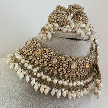 White Champagne Antique Shadow Stone Pearl Choker Necklace with earring and tikka and Passa Bridal necklace Indian Pakistani Punjabi Wedding