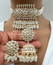 Pearl Kundan Necklace set/Indian Jewelry/Gold pakistani maangtikka necklace/indian wedding /Bridal Teeka Headpiece Bollywood Bridesmaid Gift
