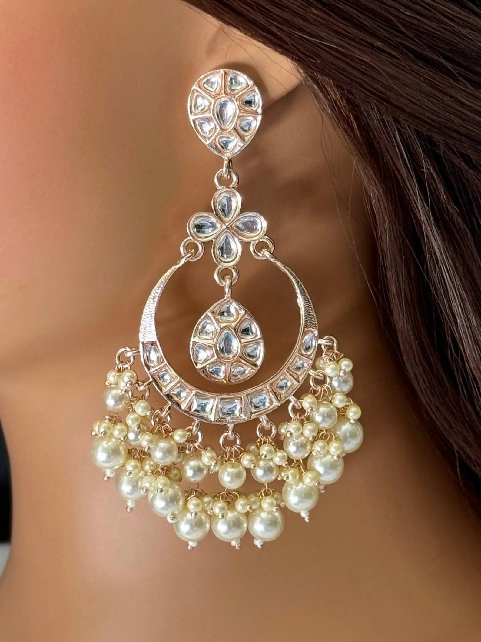 Bollywood Rose Gold Kundan Earrings/Indian Earrings/pearl/Pakistani/Punjabi/Statement Earrings/Long chandelier/bridal/Indian wedding
