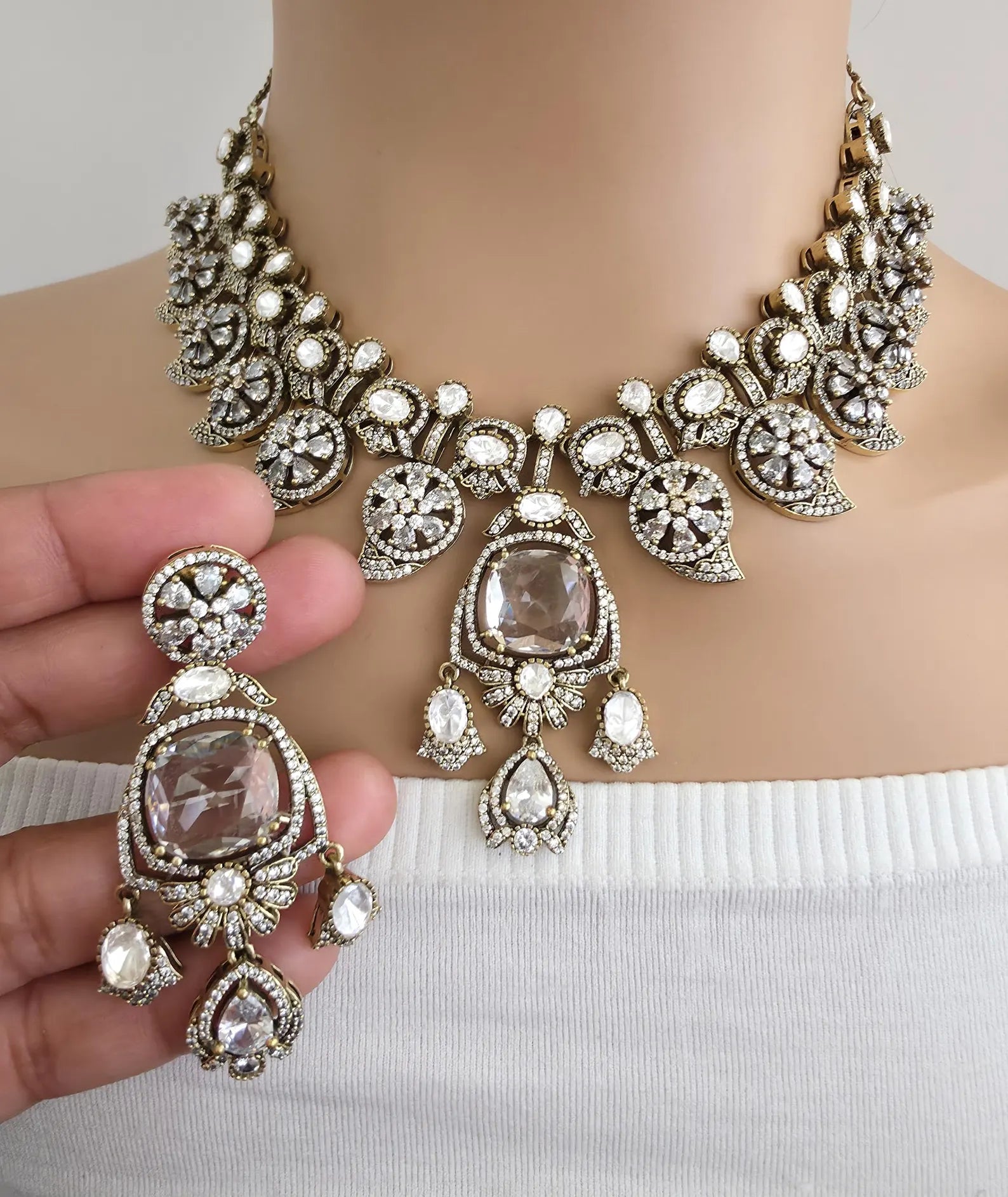 White Moissanite Polki Kundan Necklace/Designer Kundan Choker/Bollywood Jewelry/Indian wedding/Bridal jewelry/Pakistani/Punjabi,Premium set