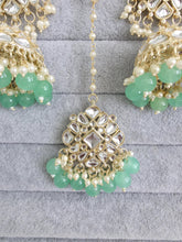 Mint Green Gold Kundan Tikka w/Earring Set/ Indian Bridal Maang Tikka /Teeka Tika Headpiece Handmade Pearl Jewelry For Women Bollywood