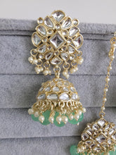 Mint Green Gold Kundan Tikka w/Earring Set/ Indian Bridal Maang Tikka /Teeka Tika Headpiece Handmade Pearl Jewelry For Women Bollywood