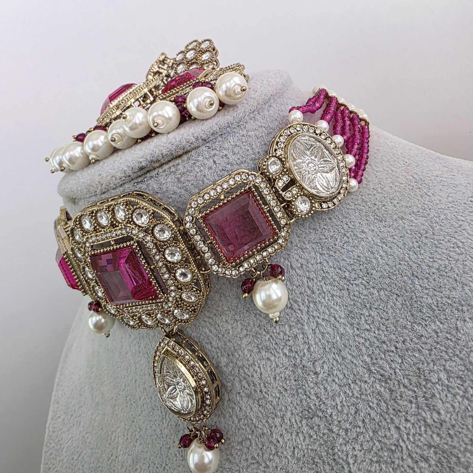 Magenta Hot pink pearl Kundan choker Necklace/Bollywood Jewelry/Indian bridal Kundan necklace/indian Pakistani Punjabi wedding jewelry