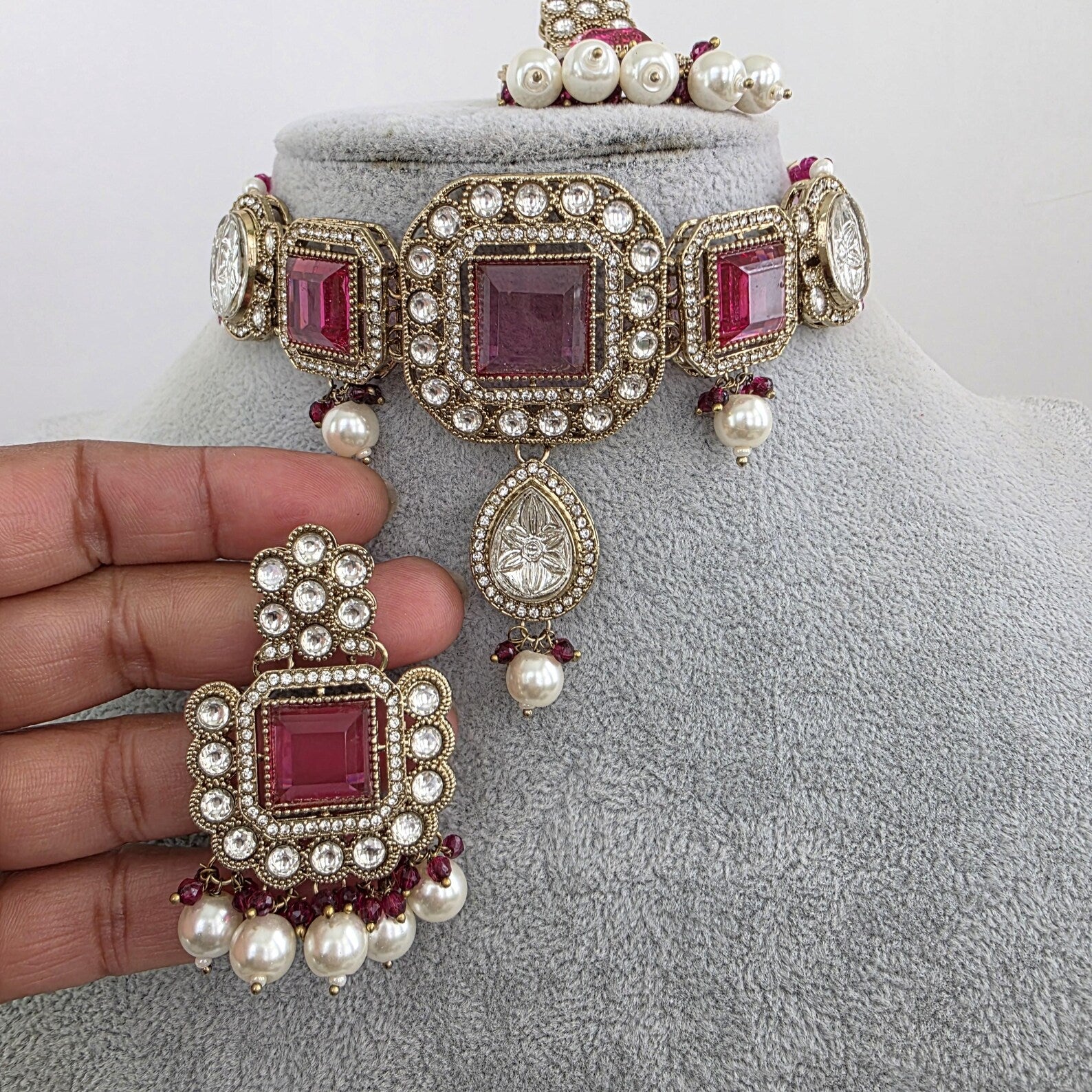 Magenta Hot pink pearl Kundan choker Necklace/Bollywood Jewelry/Indian bridal Kundan necklace/indian Pakistani Punjabi wedding jewelry