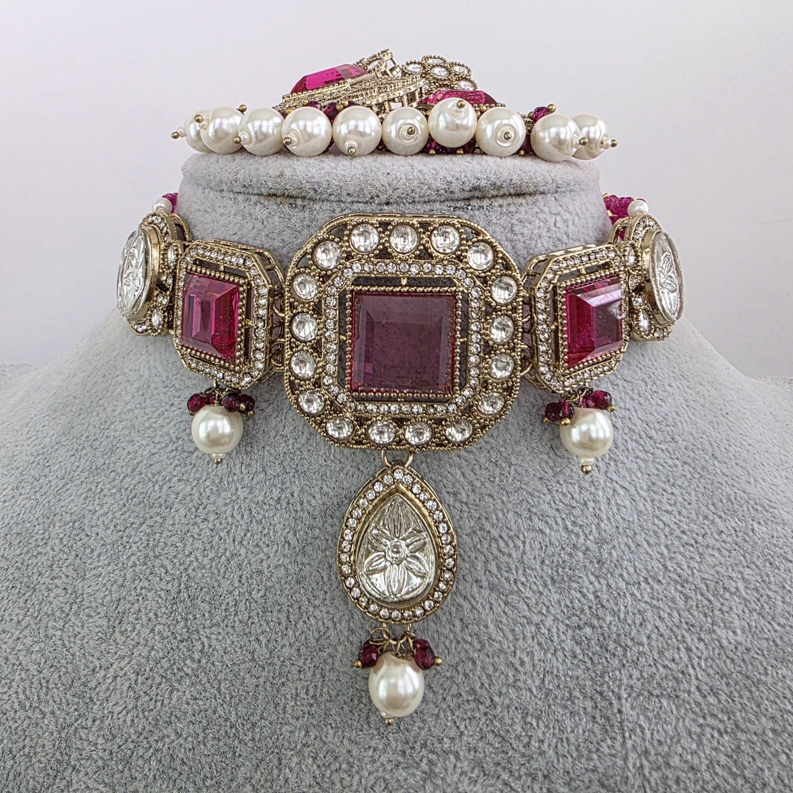 Magenta Hot pink pearl Kundan choker Necklace/Bollywood Jewelry/Indian bridal Kundan necklace/indian Pakistani Punjabi wedding jewelry