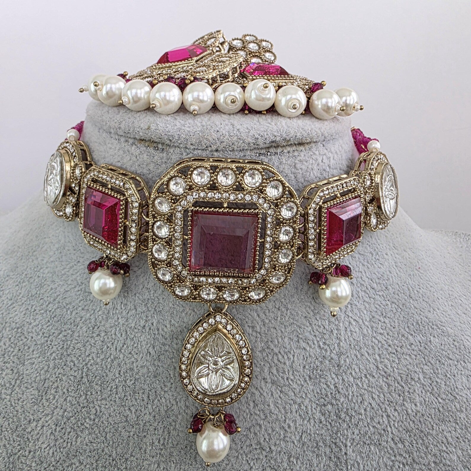 Magenta Hot pink pearl Kundan choker Necklace/Bollywood Jewelry/Indian bridal Kundan necklace/indian Pakistani Punjabi wedding jewelry