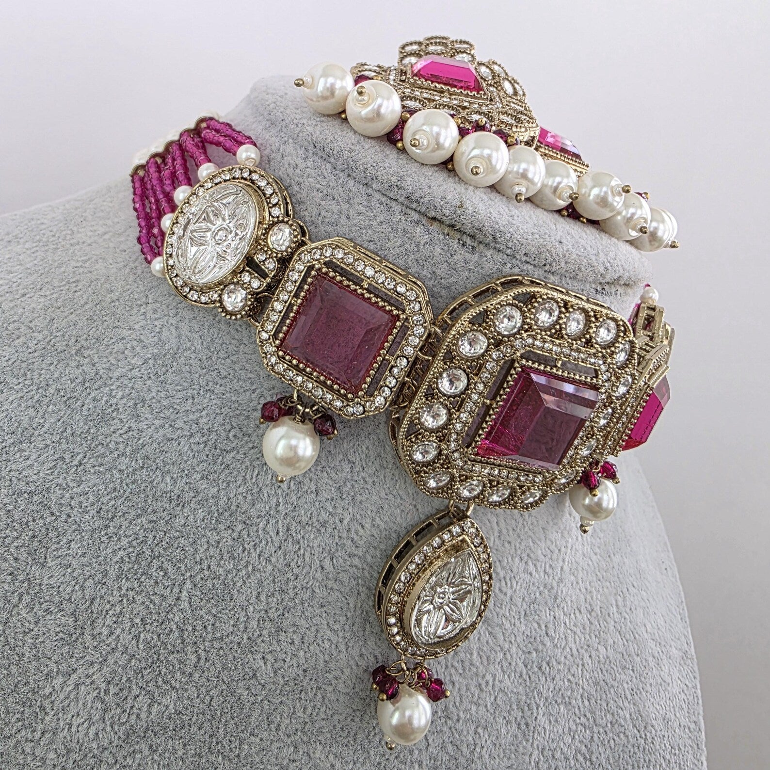 Magenta Hot pink pearl Kundan choker Necklace/Bollywood Jewelry/Indian bridal Kundan necklace/indian Pakistani Punjabi wedding jewelry