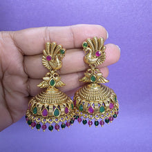 RubyGreen Gold Peacock Jhumka, Gold-plated Dangler Earrings/Brass Jhumkas/Ethnic earrings/Trendy earrings/Statement earrings