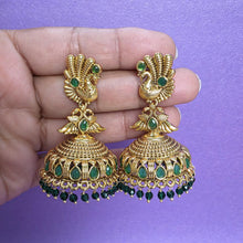 Green Gold Peacock Jhumka, Gold-plated Dangler Earrings/Brass Jhumkas/Ethnic earrings/Trendy earrings/Statement earrings