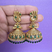Green Gold Peacock Jhumka, Gold-plated Dangler Earrings/Brass Jhumkas/Ethnic earrings/Trendy earrings/Statement earrings