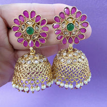 Ruby Green Gold Polki Stone Jhumka, Gold-plated Dangler Earrings/Brass Jhumkas/Ethnic earrings/Trendy earrings/Statement earrings