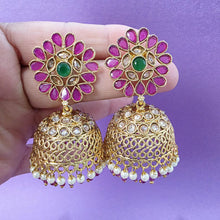 Ruby Green Gold Polki Stone Jhumka, Gold-plated Dangler Earrings/Brass Jhumkas/Ethnic earrings/Trendy earrings/Statement earrings