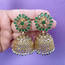 Green Gold Polki Stone Jhumka, Gold-plated Dangler Earrings/Brass Jhumkas/Ethnic earrings/Trendy earrings/Statement earrings