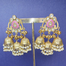 Onion Pink Kashmiri Jhumka Earrings, Gold-plated Dangler Earrings/Brass Jhumkas/Ethnic Gungroo earrings/Trendy earrings/Statement earrings