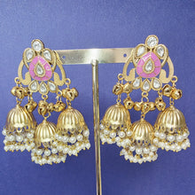Onion Pink Kashmiri Jhumka Earrings, Gold-plated Dangler Earrings/Brass Jhumkas/Ethnic Gungroo earrings/Trendy earrings/Statement earrings