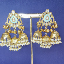 Aqua Blue Kashmiri Jhumka Earrings, Gold-plated Dangler Earrings/Brass Jhumkas/Ethnic Gungroo earrings/Trendy earrings/Statement earrings