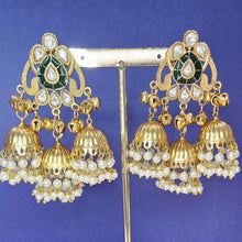 Green Kashmiri Jhumka Earrings, Gold-plated Dangler Earrings/Brass Jhumkas/Ethnic Gungroo earrings/Trendy earrings/Statement earrings