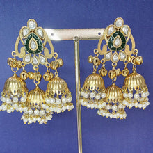 Green Kashmiri Jhumka Earrings, Gold-plated Dangler Earrings/Brass Jhumkas/Ethnic Gungroo earrings/Trendy earrings/Statement earrings