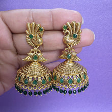 Green Gold Peacock Jhumka, Gold-plated Dangler Earrings/Brass Jhumkas/Ethnic earrings/Trendy earrings/Statement earrings