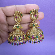 RubyGreen Gold Peacock Jhumka, Gold-plated Dangler Earrings/Brass Jhumkas/Ethnic earrings/Trendy earrings/Statement earrings