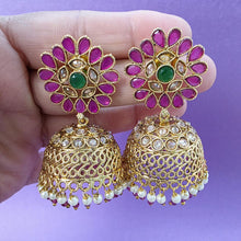 Ruby Green Gold Polki Stone Jhumka, Gold-plated Dangler Earrings/Brass Jhumkas/Ethnic earrings/Trendy earrings/Statement earrings
