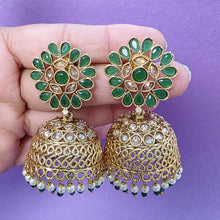 Green Gold Polki Stone Jhumka, Gold-plated Dangler Earrings/Brass Jhumkas/Ethnic earrings/Trendy earrings/Statement earrings