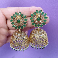 Green Gold Polki Stone Jhumka, Gold-plated Dangler Earrings/Brass Jhumkas/Ethnic earrings/Trendy earrings/Statement earrings