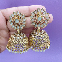 Mint Green Gold Polki Stone Jhumka, Gold-plated Dangler Earrings/Brass Jhumkas/Ethnic earrings/Trendy earrings/Statement earrings