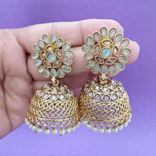 Mint Green Gold Polki Stone Jhumka, Gold-plated Dangler Earrings/Brass Jhumkas/Ethnic earrings/Trendy earrings/Statement earrings